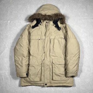 Eddie Bauer Down Jacket Size Medium Tan Faux Fur Hooded Parka Coat